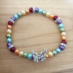 Butterfly Charm Stretch Bracelet, Rainbow Pearls, Women, Little Girls, Gift
